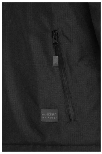 A padded hardshell workwear jacket in black featuring a zippered pocket and a branded label.