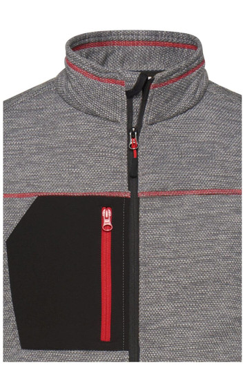 A grey fleece jacket featuring a contrasting black pocket and red zip detailing, with a high collar.