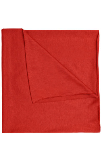 A red bandanna made of polyester, featuring a simple design and a logo.