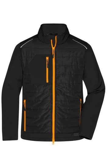 A men's soft shell hybrid jacket in black with bright orange zip accents and logos.