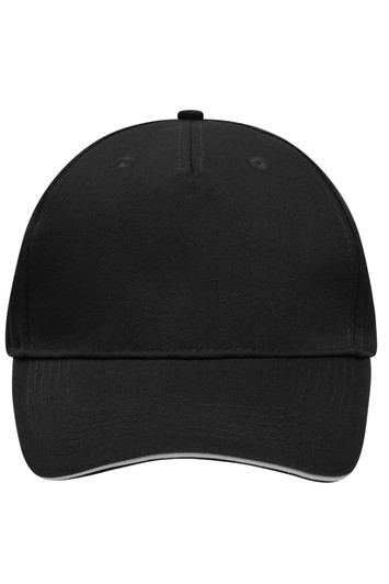 A black 5 Panel Sandwich Cap with a curved brim and a logo on the front.