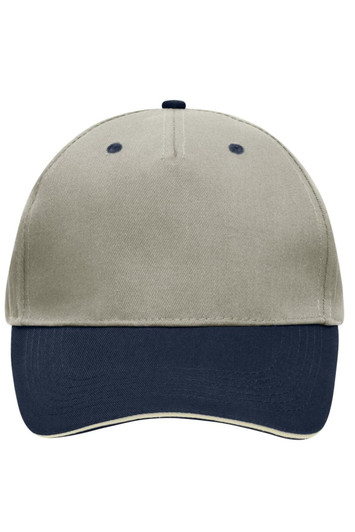 A 5-panel sandwich cap in beige and navy, featuring a structured design and a logo on the front.