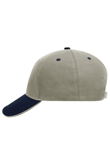 A 5 Panel Sandwich Cap in beige with a navy peak and an adjustable strap at the back. It features a logo.