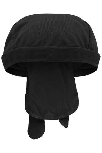 A black functional bandana hat with a lightweight design and an attached neck flap for added coverage.