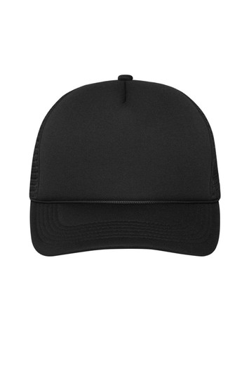 A black 5 Panel Retro Mesh Trucker cap with a curved peak and a mesh back, featuring a logo.