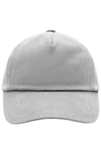 A grey kids' 5 panel cap featuring a structured design and a curved brim. It has a logo on the front.