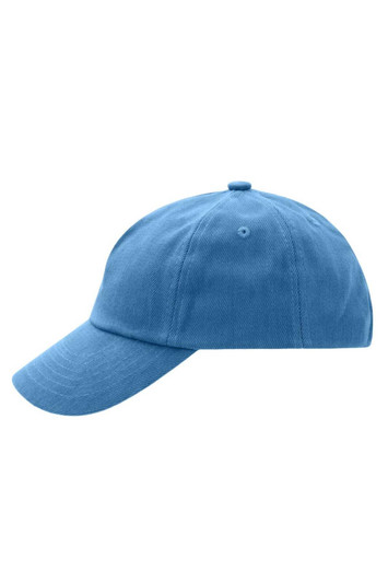 A blue kids' 5 panel cap featuring a curved brim and a fabric logo on the side.