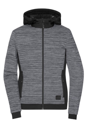 A padded hybrid jacket in grey with a black hood, featuring a zip front and side pockets, also displaying a logo.
