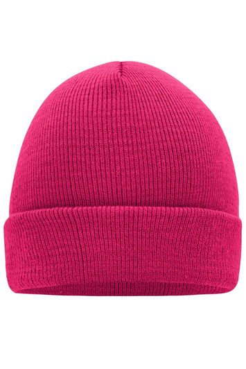 A pink knitted beanie with a rolled cuff design, featuring a simple textured pattern.