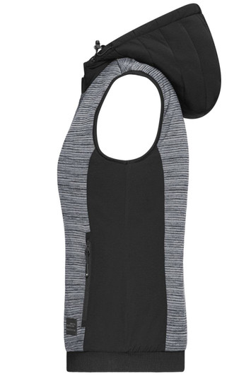 A padded hybrid vest in black and grey with a hood, featuring a zip and side pockets, and a logo.