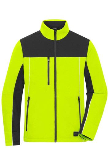 A soft shell jacket in bright yellow with black accents and a zip pocket, featuring a logo on the sleeve.
