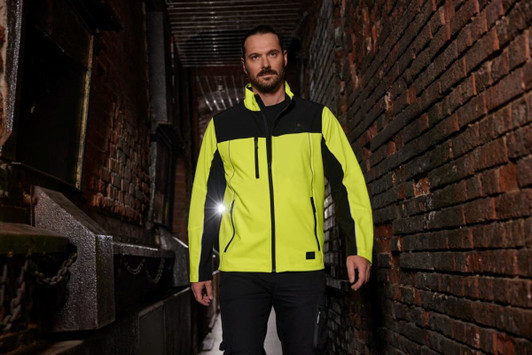 A bright yellow and black softshell jacket with a zip front and hood, featuring a logo.
