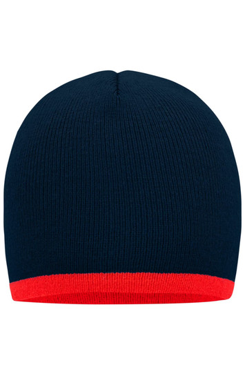 A navy beanie with a contrast red edge, featuring a simple, ribbed texture and no visible branding.