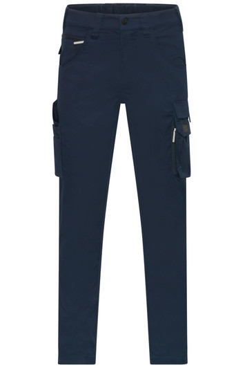 Navy work pants featuring multiple pockets and a logo, designed for durability and functionality.