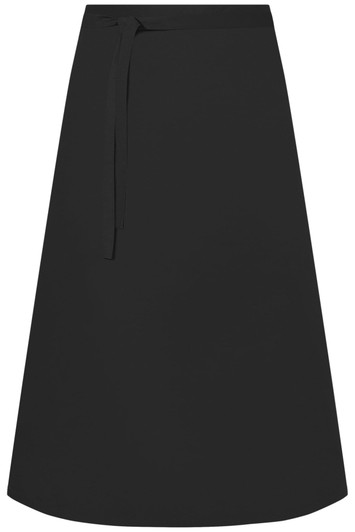A black long apron featuring a tie waist and a simple, sleek design. It has a branding logo.