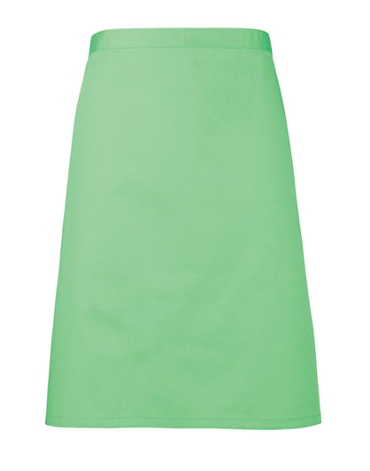 A green mid-length apron with a simple design and a branding logo. Suitable for various workwear applications.