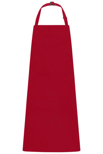 A red apron with a bib and an adjustable neck strap. It features a logo.