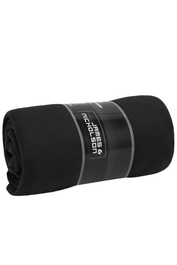 A black fleece blanket rolled and secured with a band, featuring a logo on the band.