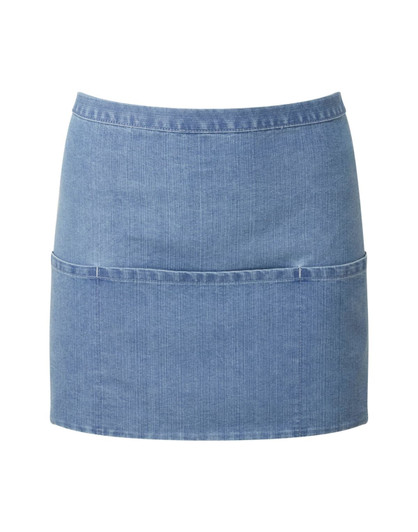 A denim-coloured three-pocket apron with a fitted design. It features a front pocket and a logo.