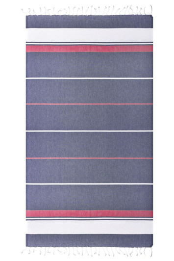 A striped beach blanket in navy blue and pink, featuring tassels along the edges and a logo in one corner.