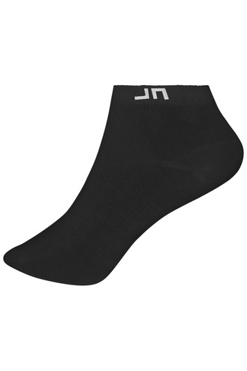 Black ankle socks featuring a logo, designed for comfort and style, suitable for various footwear.