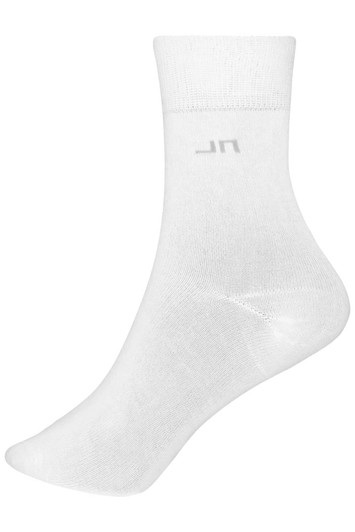 A pair of white sport socks with a subtle logo, designed for athletic use.