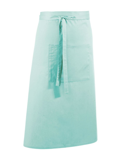 A mint green apron featuring a front pocket and a tied waist, designed for workwear. It has a branding logo.