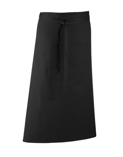 A black apron with a waist tie and a front pocket, suitable for workwear use.