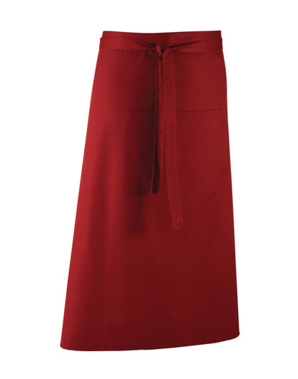 A red apron featuring a waist tie and a front pocket, suitable for workwear use. It has a logo on it.