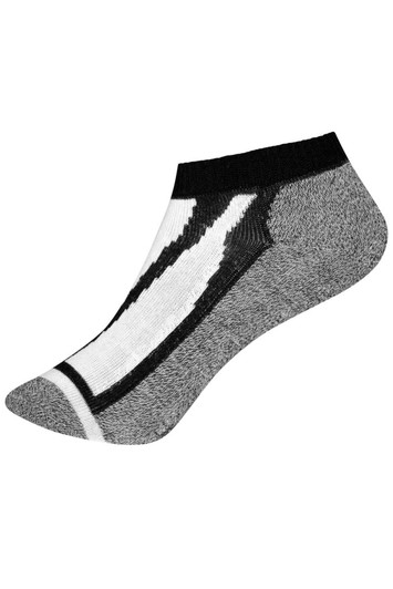A pair of ankle-length socks featuring a black, white, and grey design with a logo on the side.