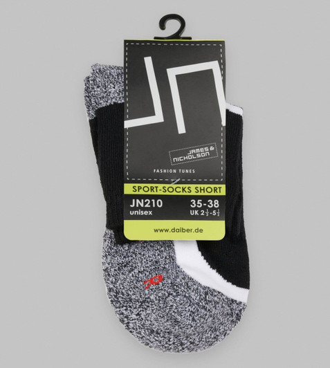A pair of short sports socks in black and grey, featuring a logo and packaging.
