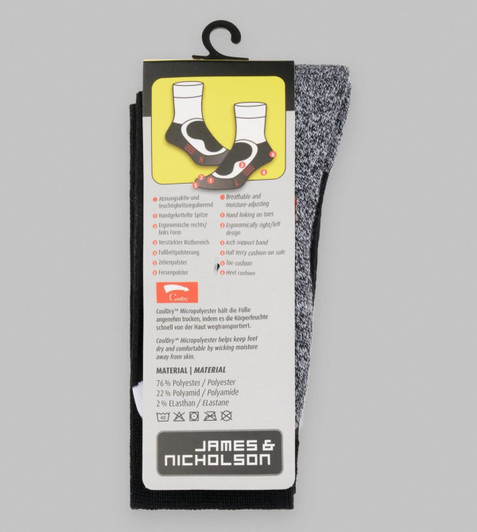 Sport socks in grey and black, featuring a breathable design and logo branding, displayed with packaging.