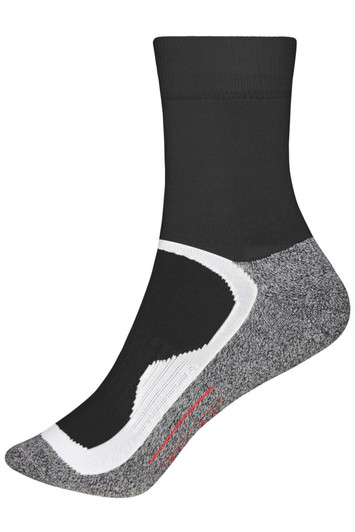 A pair of black sports socks featuring a grey and white design, with a visible logo.
