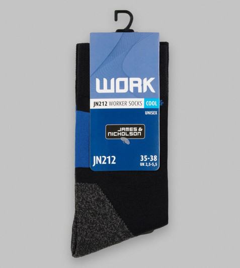 A pair of black and blue worker socks with grey accents, packaged with a brand label.