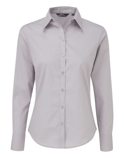A light grey women's poplin long-sleeve blouse with a button-up front and a collar. It features a logo.