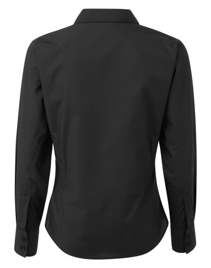 A black women's poplin long sleeve blouse featuring a collared neckline and button cuffs, shown from the back.