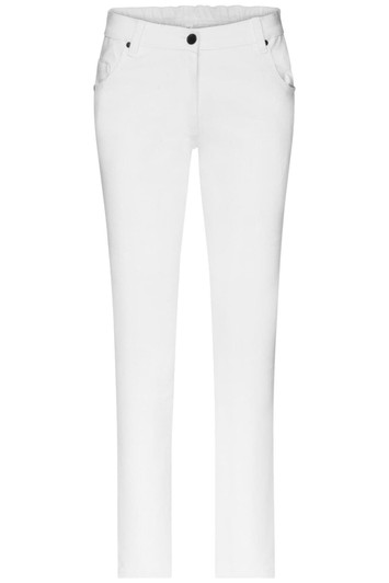 A pair of white stretch pants with five pockets, featuring a slim design and a button closure.