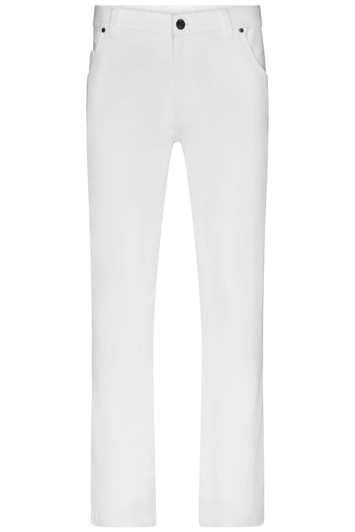 A pair of white men's stretch pants with five pockets and a logo on the waistband.
