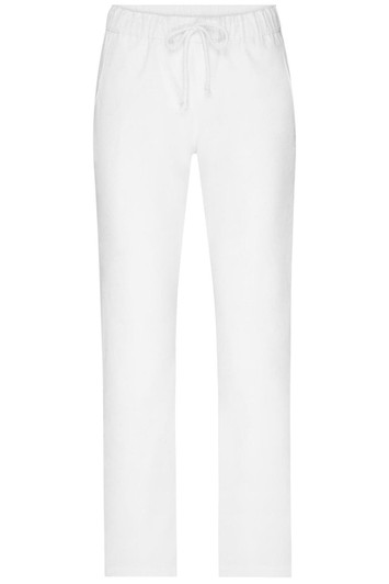 White ladies' comfort pants with an elastic waistband and drawstring feature. Simple design with no visible logos.