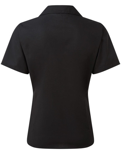 A black women's short-sleeve poplin blouse with a collar, featuring a sleek, tailored back design.