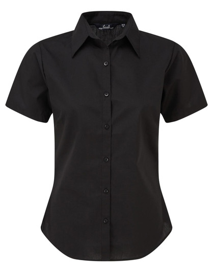 A black women's short-sleeve button-up blouse with a classic collar and a logo.