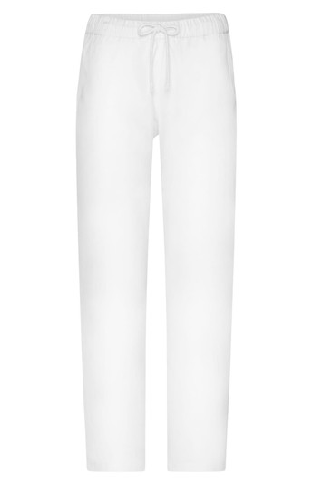 White comfort pants with a drawstring waistband, featured with a logo. Suitable for casual wear.