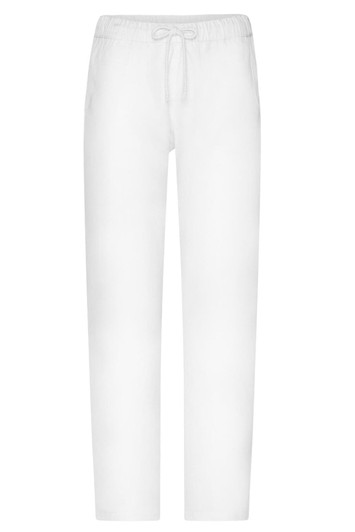 White men’s comfort pants featuring an elastic waistband and a drawstring. Made from a soft fabric with a relaxed fit.