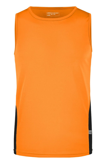 An orange men's running tank top with black side panels and a logo on the front.
