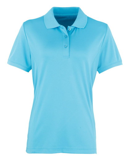 A light blue women's polo shirt featuring a classic collar and three-button placket. The shirt has a logo.