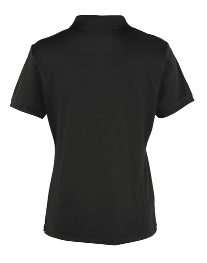 A black women's polo shirt with a classic collar, featuring a simple design and no visible branding.