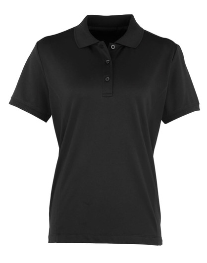 A black women's polo shirt with a collar, short sleeves, and buttons, featuring a logo.