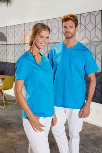 A blue unisex tunic is worn by a man and woman, featuring short sleeves and a v-neck design.