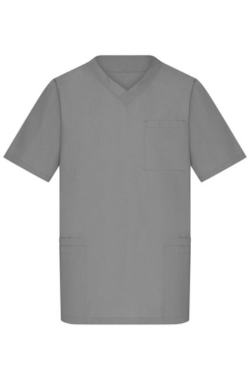 A grey men's tunic with a V-neck, short sleeves, and a pocket on the chest, featuring two side pockets.