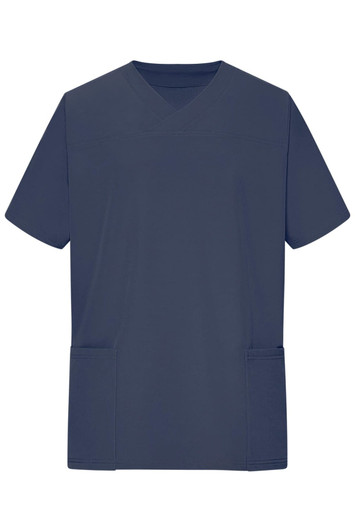 A navy blue men's stretch casack tunic featuring a v-neck and two front pockets. It includes a logo.